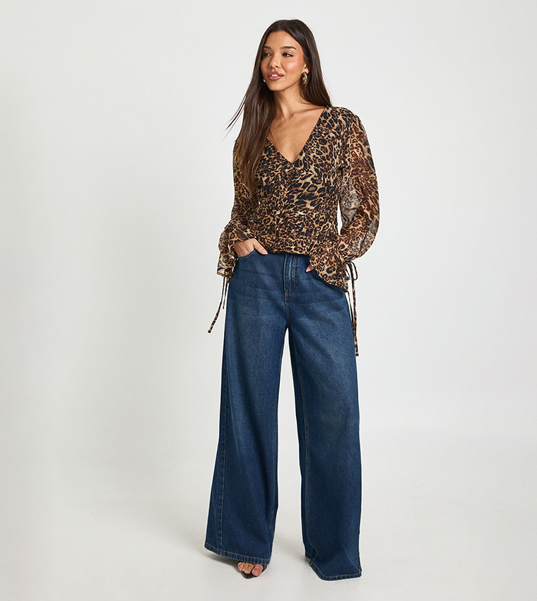 Leopard Patterned Chiffon Tie Cuff Top