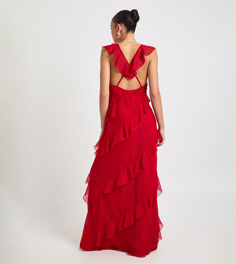 Chiffon Ruffle Fit & Flare Strappy Maxi Dress