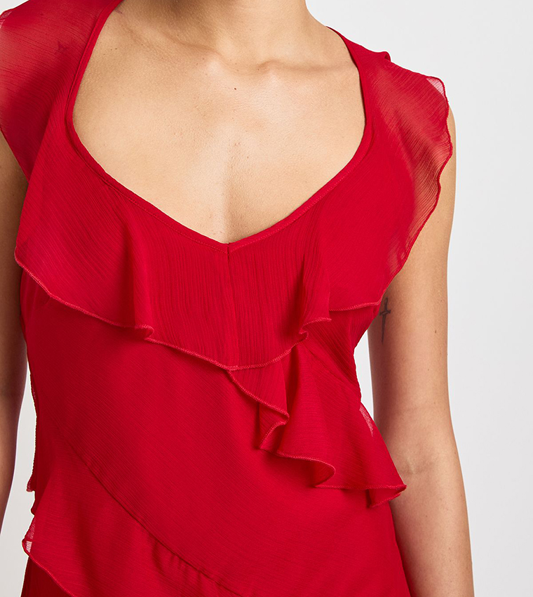 Chiffon Ruffle Fit & Flare Strappy Maxi Dress