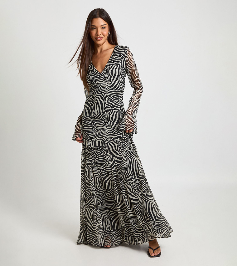 Buy Boohoo Chiffon Ruffle Zebra Fit & Flare Maxi Dress In BLACK