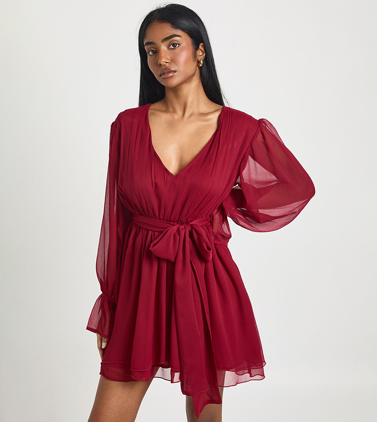 Chiffon Volume Sleeves Tie Waist Mini Dress