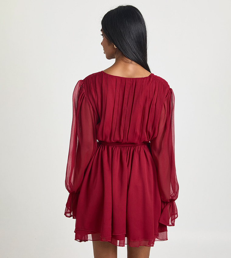 Chiffon Volume Sleeves Tie Waist Mini Dress