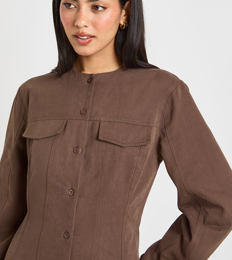 Twill Button Through Barrell Sleeves Shirt Dress