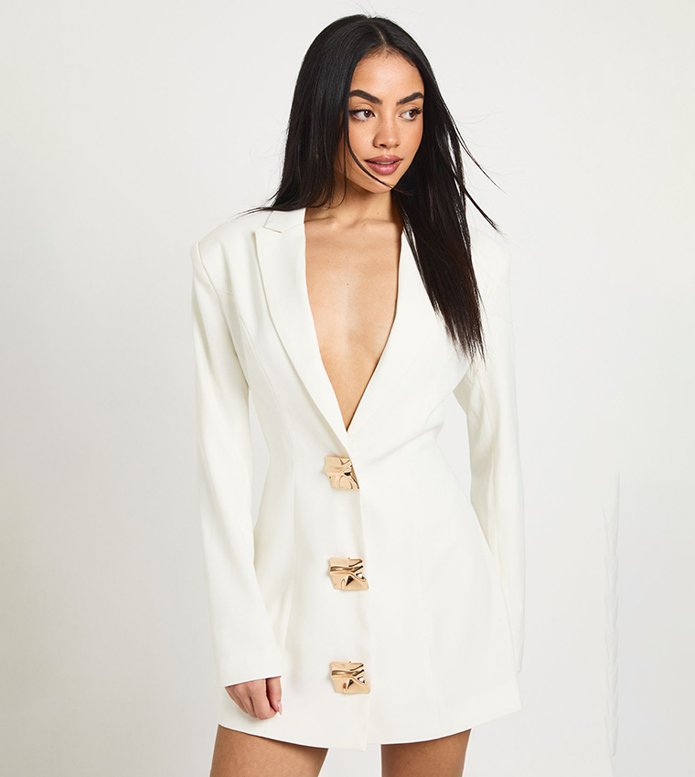Buy Boohoo Large Gold Button Trim Mini Blazer Dress In White | 6thStreet UAE