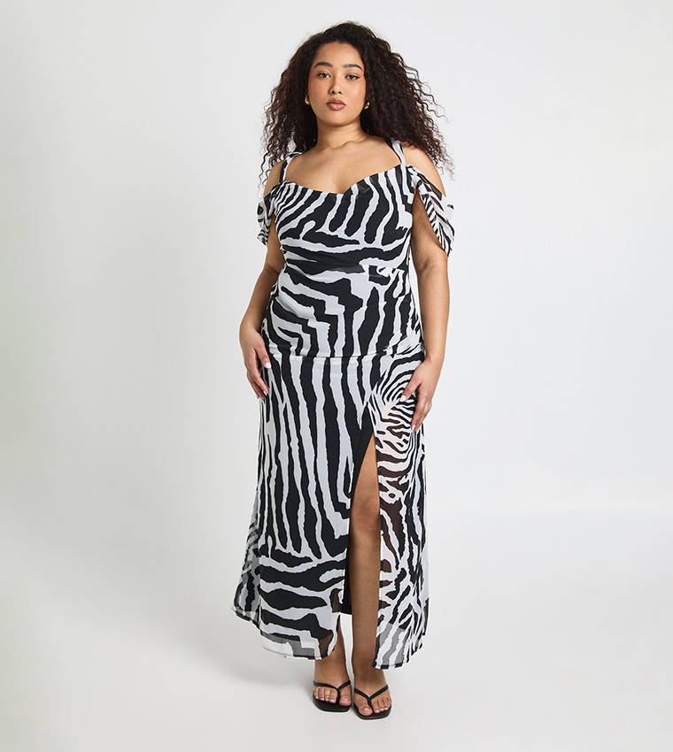 Buy Boohoo Curve Zebra Print Chiffon Cold Shoulder Maxi Dress In Multiple  Colors | 6thstreet Qatar
