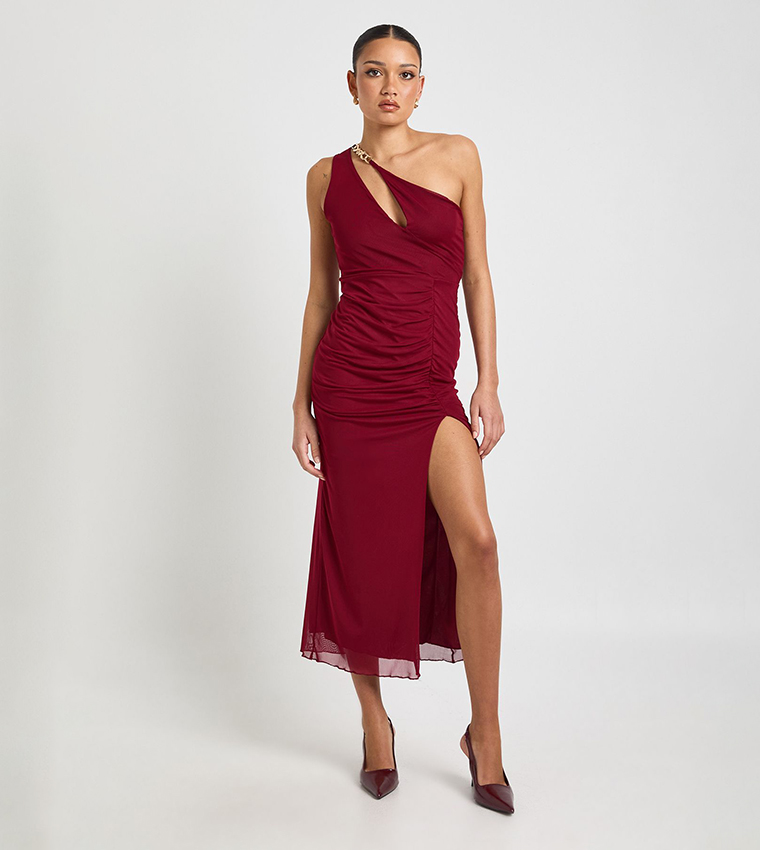 Cut-Out One Shoulder Mesh Midaxi Dress