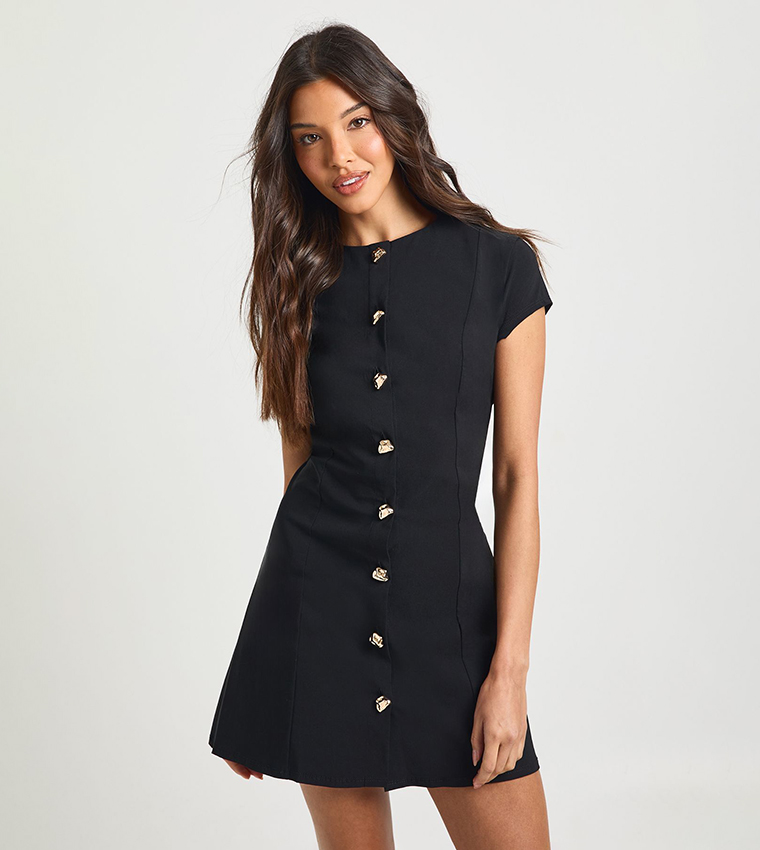 Buy Boohoo Bengaline Gold Button Trim Cap Sleeves Shift Dress In BLACK |  6thStreet Oman