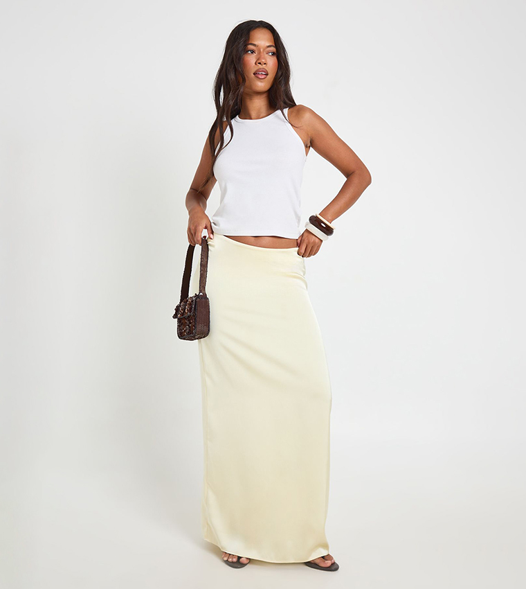 Mid Rise Satin Fishtail Maxi Skirt