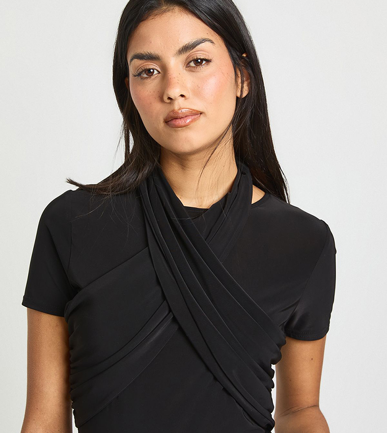 Matte Slinky Twist Front Short Sleeves Top