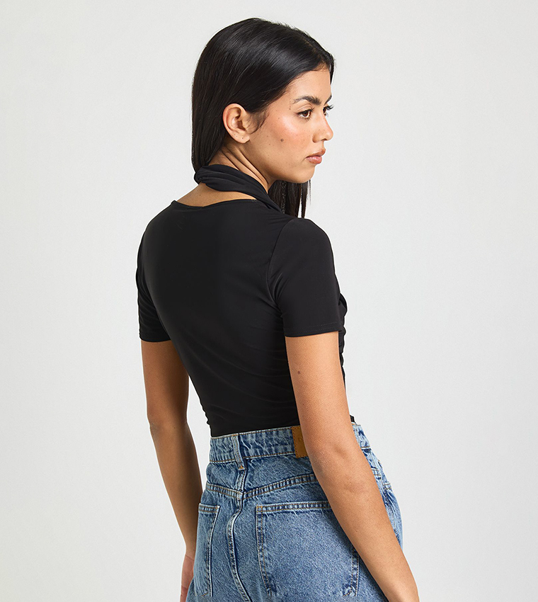 Matte Slinky Twist Front Short Sleeves Top