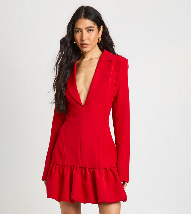 Tall Plunge Front Drop Hem Mini Blazer Dress