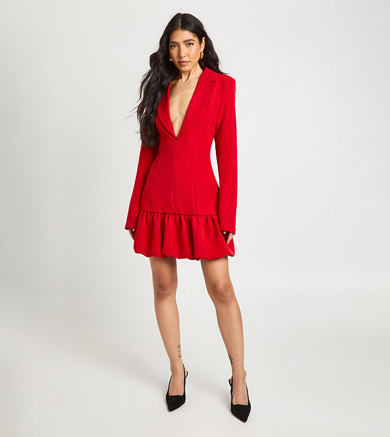 Tall Plunge Front Drop Hem Mini Blazer Dress