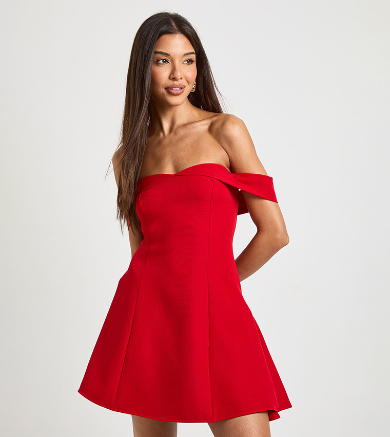 strapless open back dress Beautiful Bella Red Mesh Bardot Mini Maxi Dress main image 1
