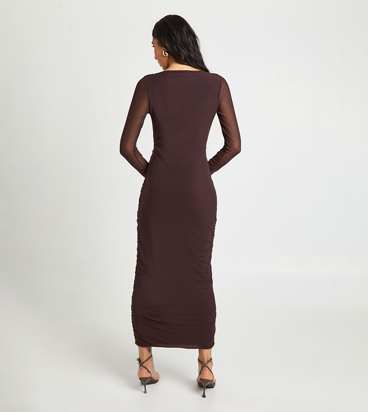 knee length dresses for ladies Mint Mesh Square Neck Sleeveless Ruched Slit Dress Small main image 1