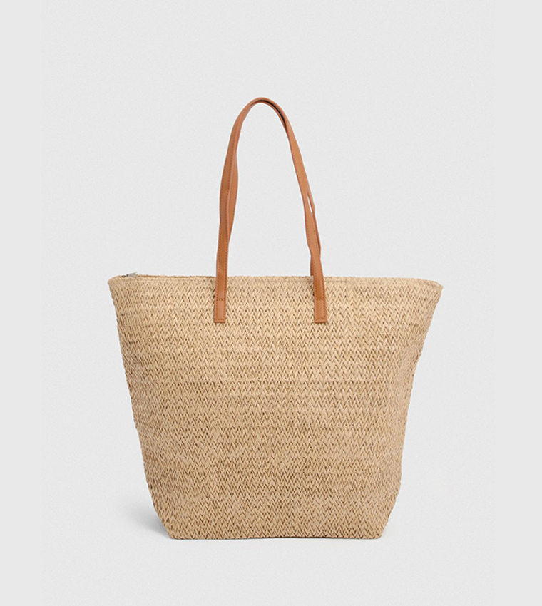 Contrast Handle Raffia Beach Bag