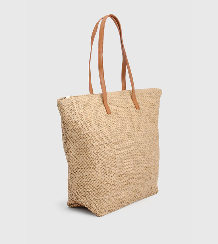 Contrast Handle Raffia Beach Bag