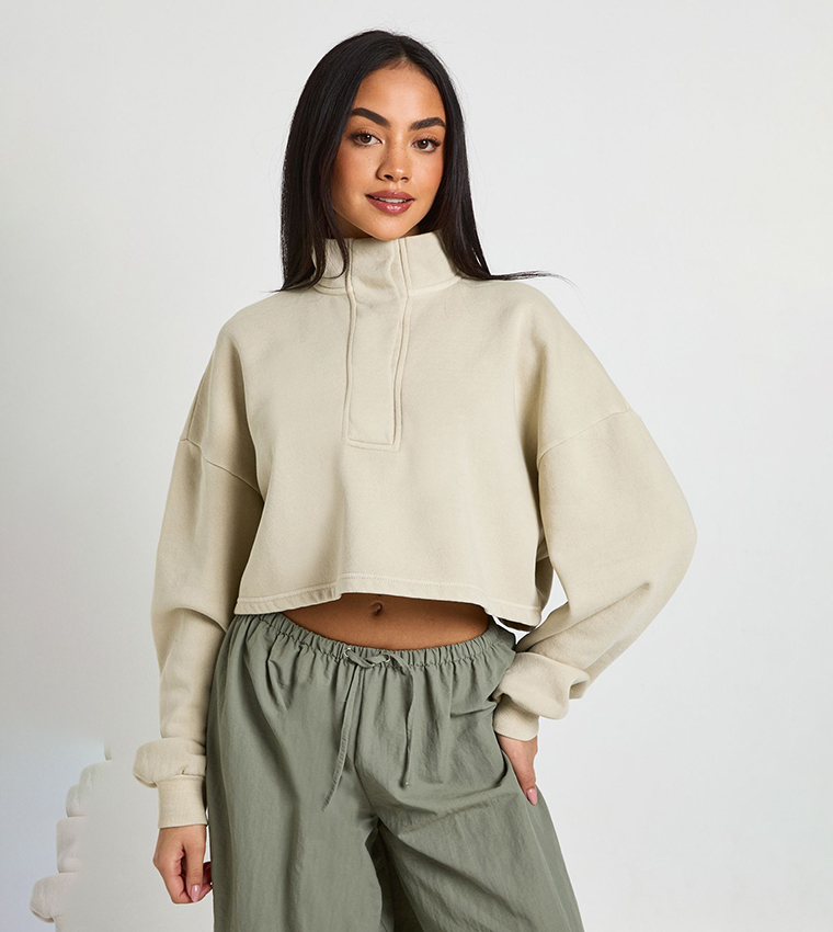 Washed Placket Detail High Neck Cropped Sweatshirt