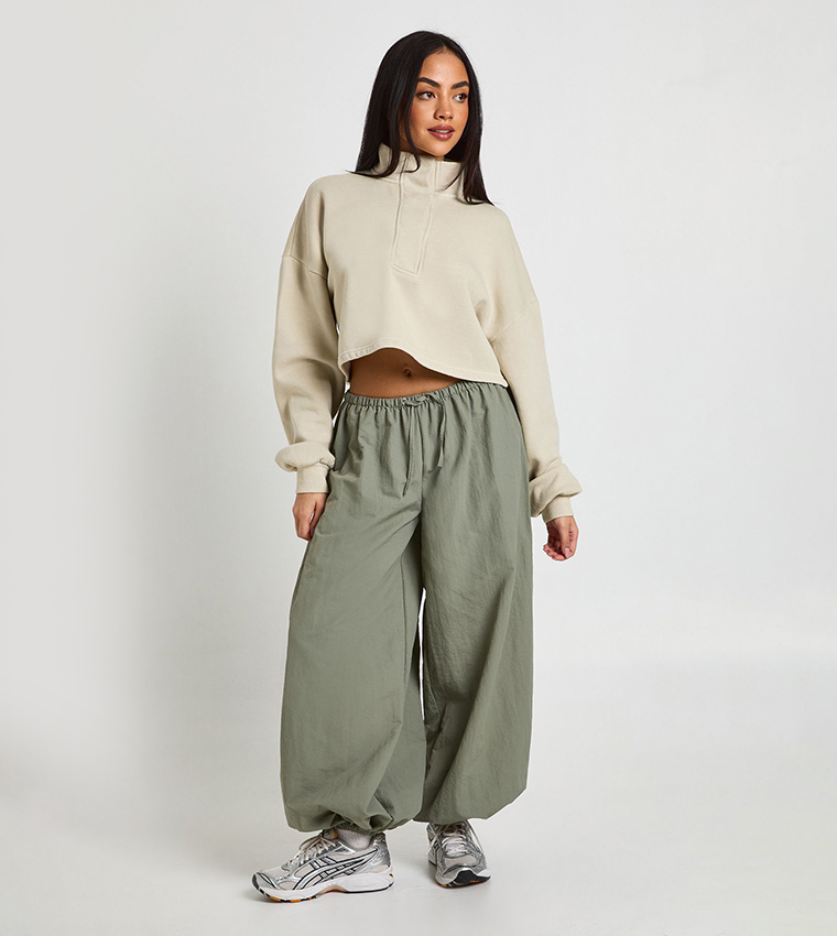 Washed Placket Detail High Neck Cropped Sweatshirt