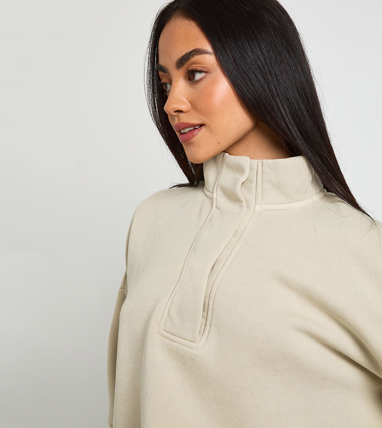 Washed Placket Detail High Neck Cropped Sweatshirt