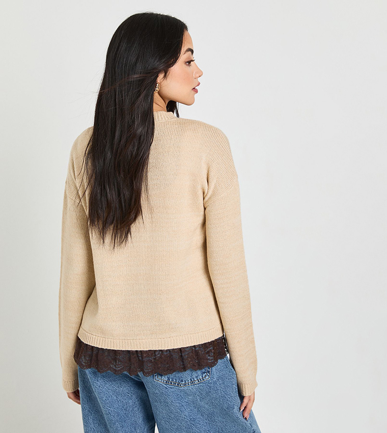 بوهو  سترات بياقة دائرية - بيج Round Neck Sweaters