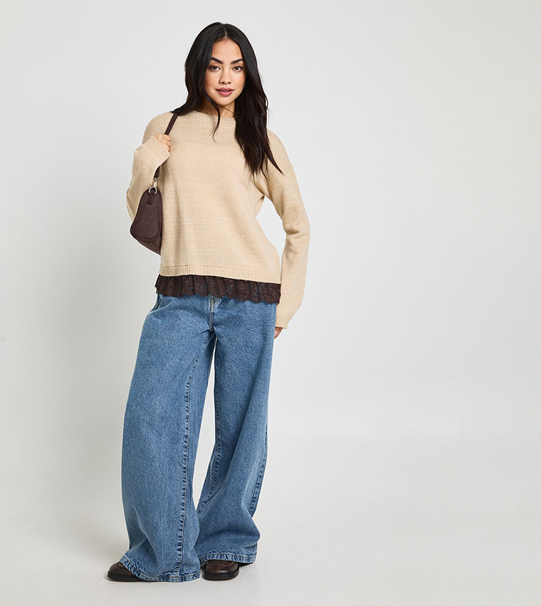 بوهو  سترات بياقة دائرية - بيج Round Neck Sweaters