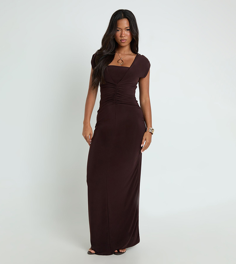 Double Layer Slinky Plunge Ruched Front Maxi Dress