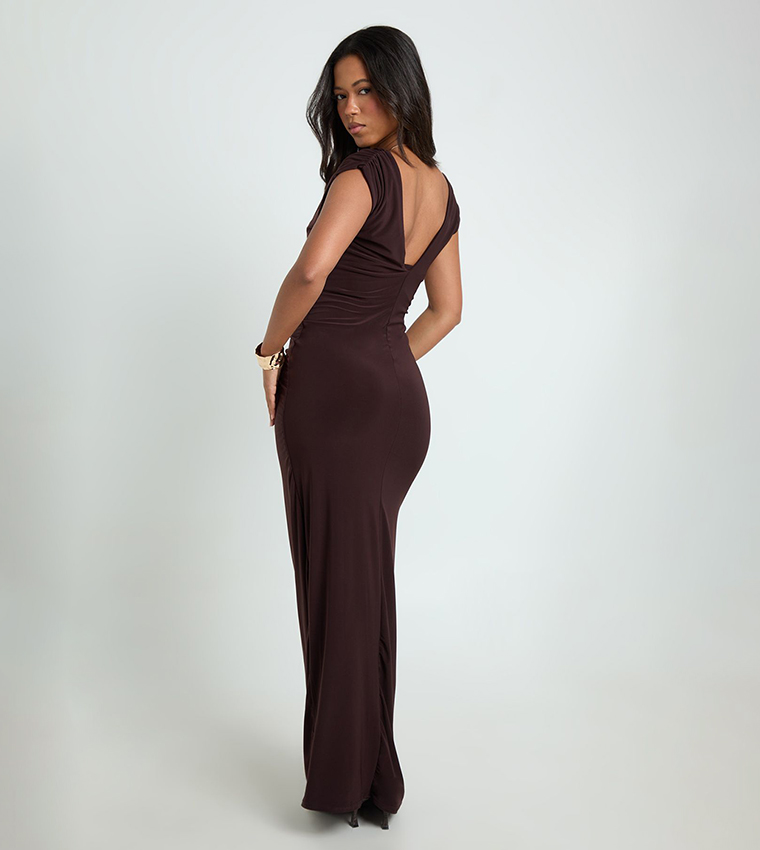 Double Layer Slinky Plunge Ruched Front Maxi Dress