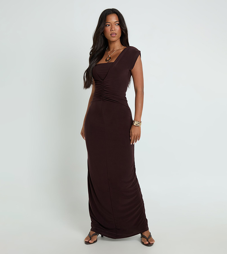 Double Layer Slinky Plunge Ruched Front Maxi Dress