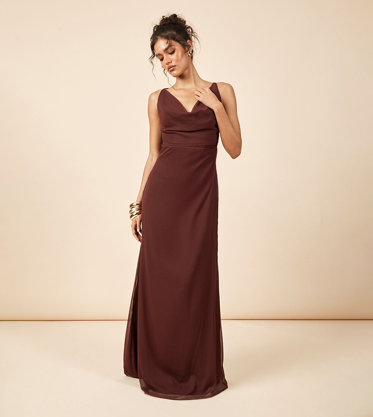 white christmas dresses Chiffon Bardot Cowl Neck Maxi Dress - Duskyblue