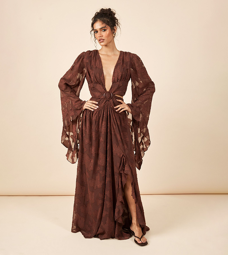 boohoo brown maxi dress Brown Blur Print Scoop Back Maxi Dress