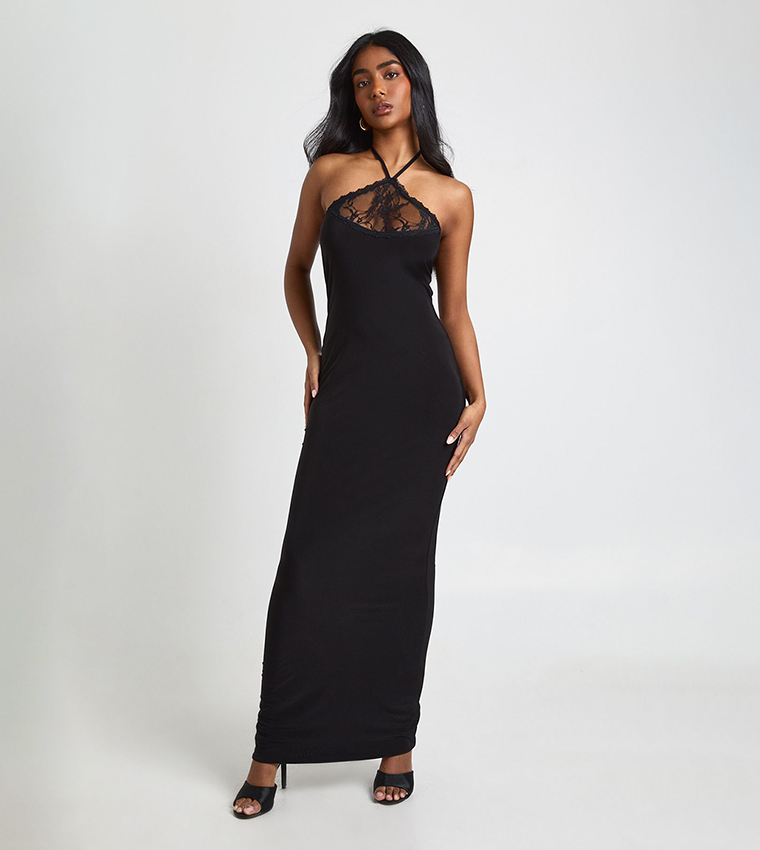 Buy Boohoo Slinky Lace Halterneck Maxi Dress In BLACK | 6thStreet Oman