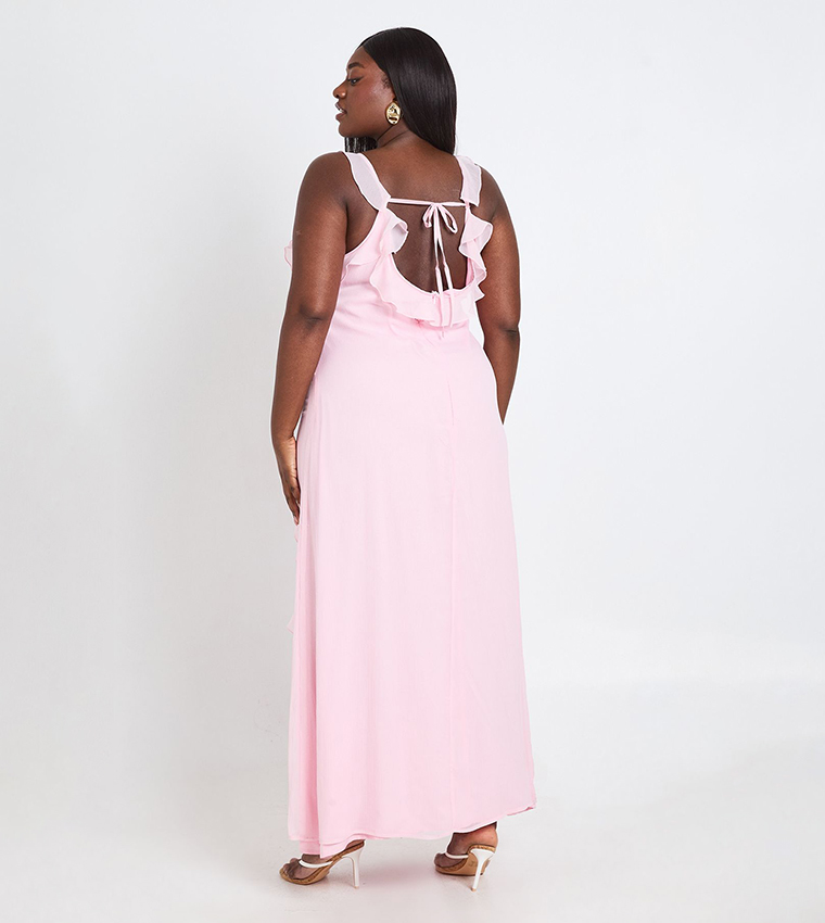 Buy Boohoo Curve Chiffon Strappy Ruffle Maxi Dress In Light Pink