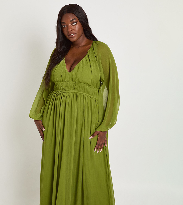 boohoo olive green dress boohoo Women's Textured Milkmaid Maxi Dress