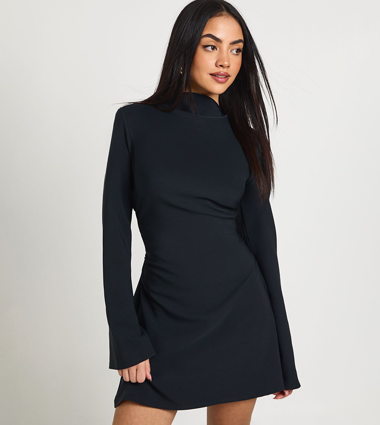 Buy Boohoo Long Sleeves Ruched High Neck Shift Mini Dress In BLACK | 6thStreet Oman Buy Boohoo Long Sleeves Ruched High Neck Shift Mini Dress In BLACK | 6thStreet Oman
