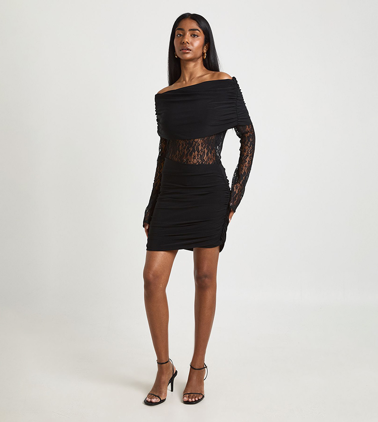 black ruched mesh bardot bodycon dress Boohoo Buy Boohoo Lace Inserts Slinky Bardot Bodycon Mini Dress In BLACK AIVI UAE US size:4 stopping bardot maxi dress NPU-Angie-202252 Lulus | Black and