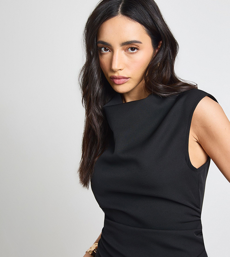 Ruched Waist Shoulder Pad Mini Dress