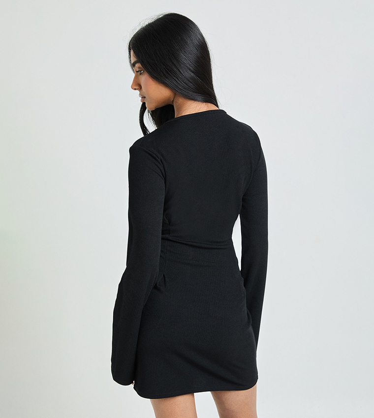 Ribbed Cinched Waist Long Sleeves Mini Dress