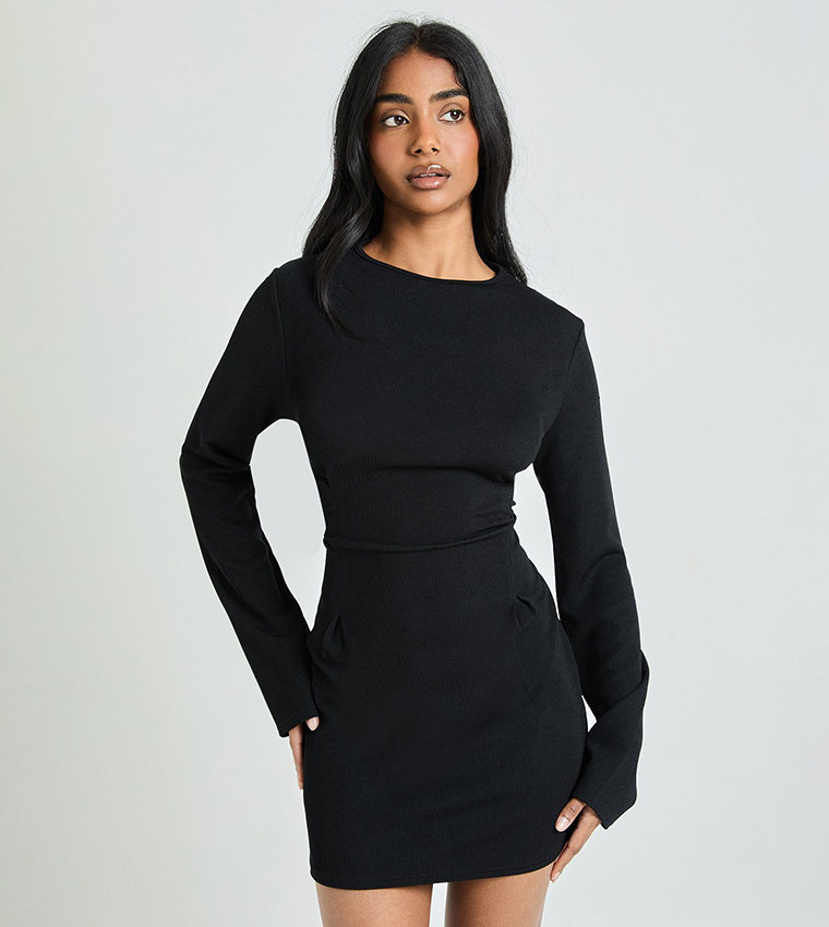 Ribbed Cinched Waist Long Sleeves Mini Dress