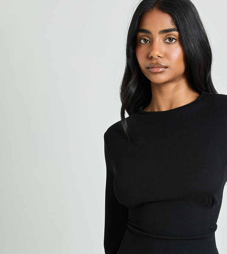 Ribbed Cinched Waist Long Sleeves Mini Dress