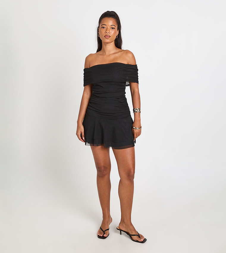 Buy Boohoo Mesh Bardot Ruched Body Skater Mini Dress In BLACK | 6thstreet  UAE