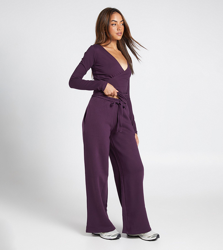 Wrap Front Long Sleeves Top and Straight Fit Sweatpant Set