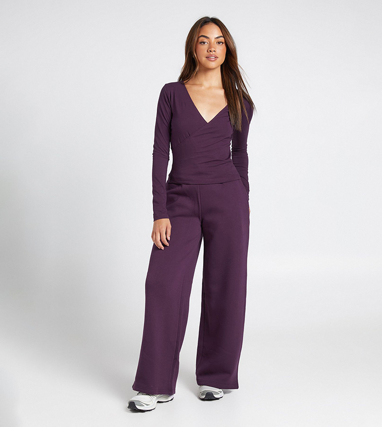 Wrap Front Long Sleeves Top and Straight Fit Sweatpant Set
