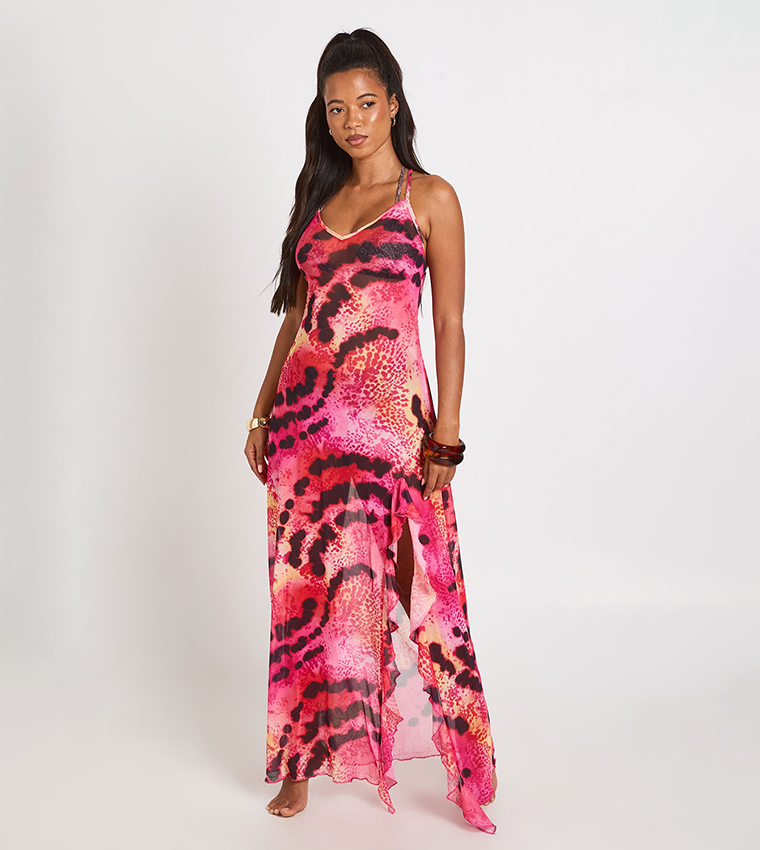 Buy Boohoo Floral Print Ruffle Detail Mesh Maxi Beach Dress In Pink |  6thstreet Qatar