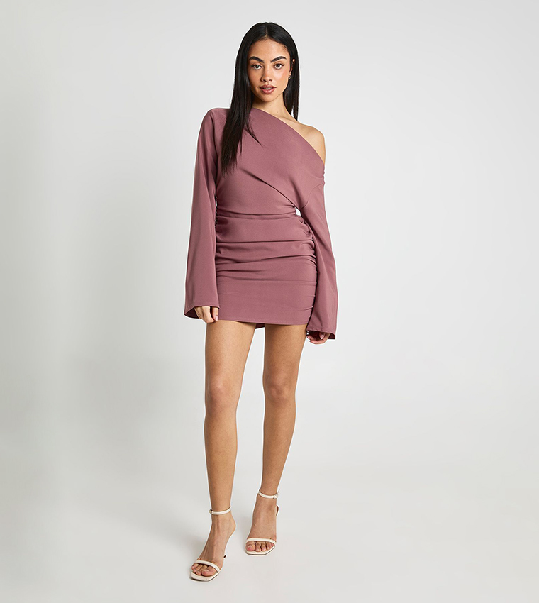 Flared Sleeves Off Shoulder Ruched Mini Dress