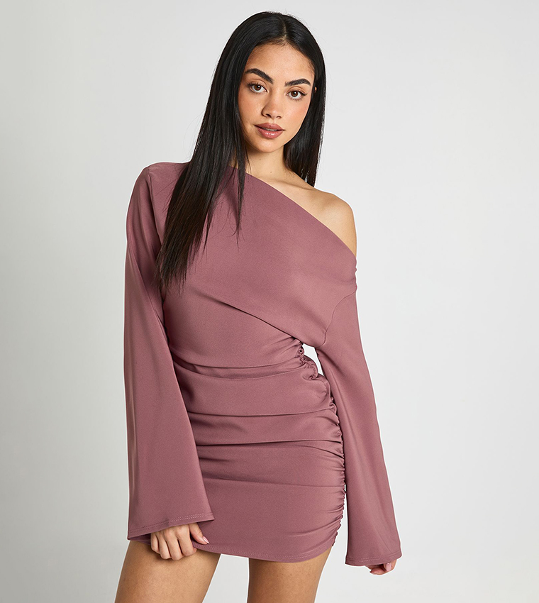 Flared Sleeves Off Shoulder Ruched Mini Dress