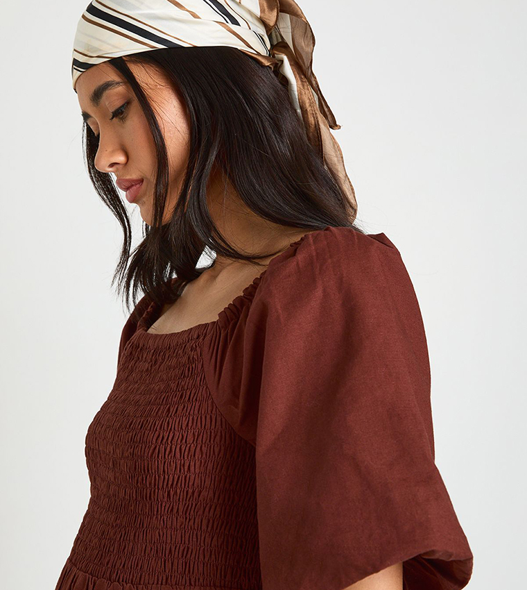 Tall Linen Look Volume Sleeves Tiered Midaxi Dress