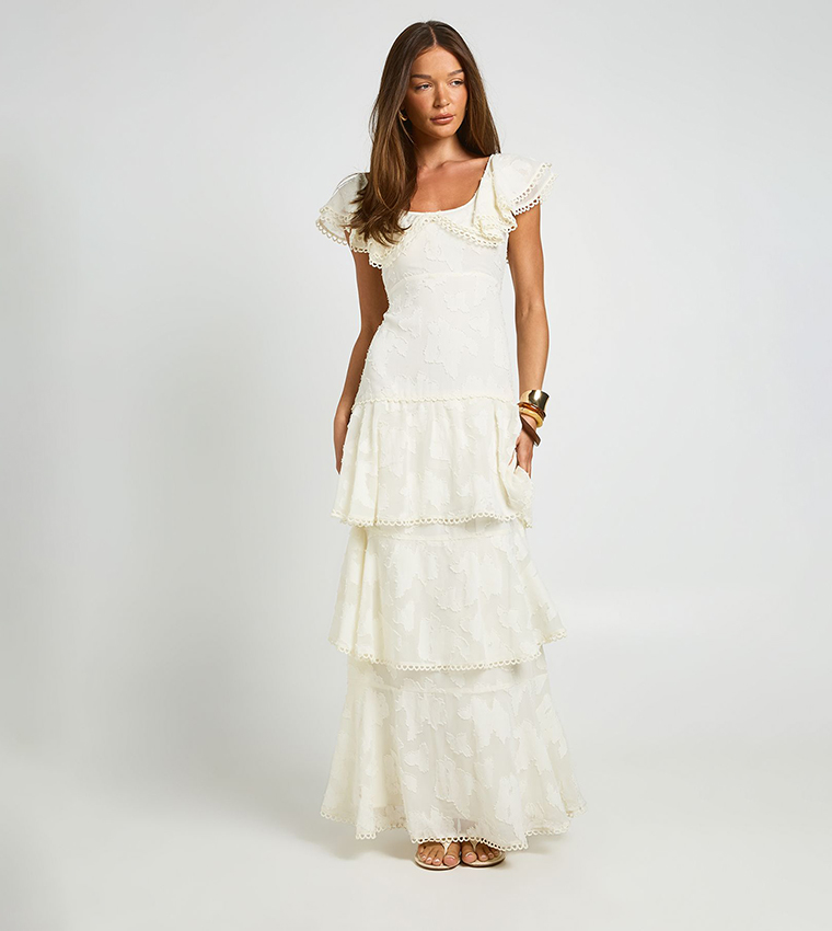 Occasion Burnout Open Back Ruffle Detail Maxi Dress