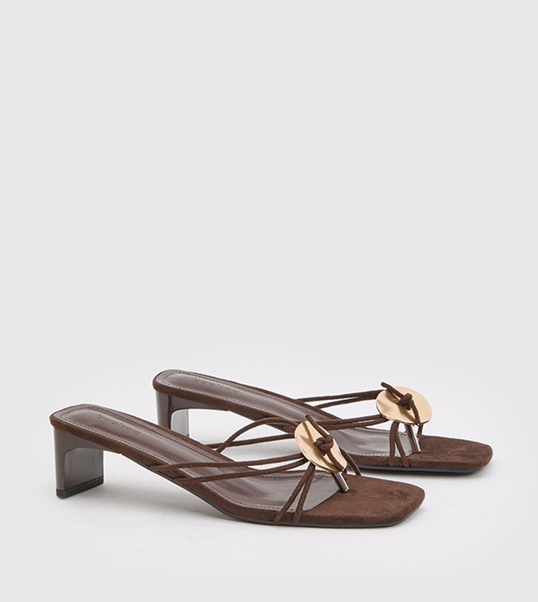 Faux Suede Strappy Hardware Detail Toe Post Heel Sandals