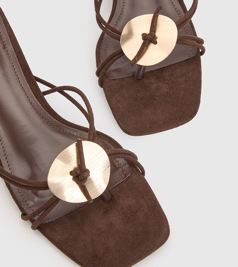 Faux Suede Strappy Hardware Detail Toe Post Heel Sandals