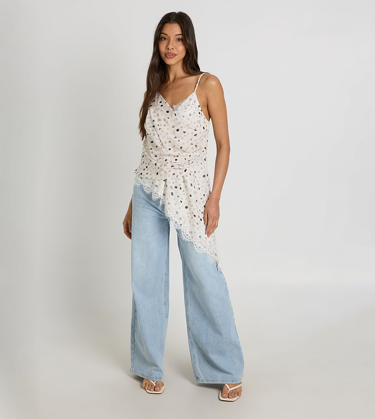 Polka Dots Lace Trim Draped Asymmetric Cami Top